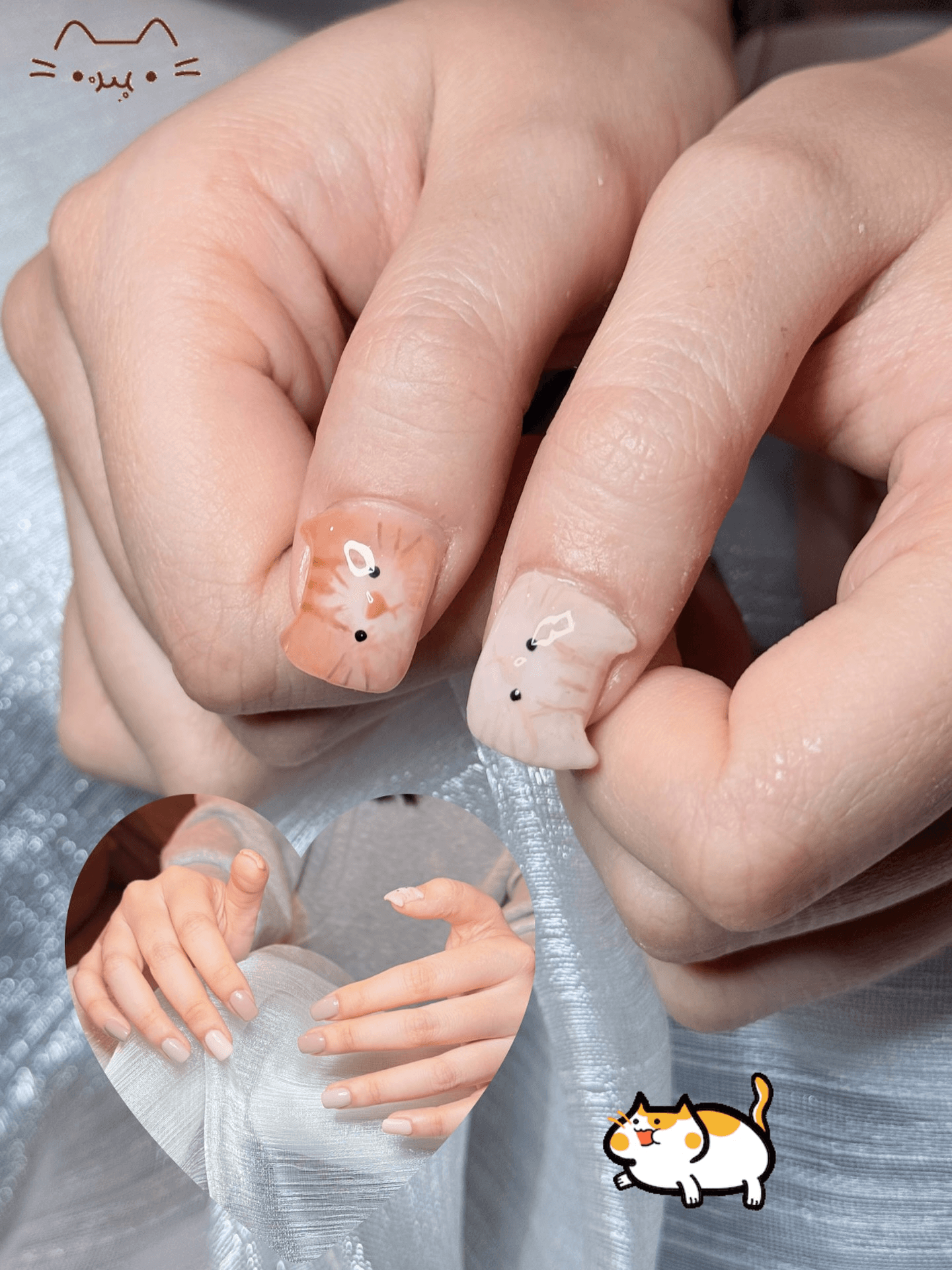 O3O Studio cat nail art in peach and cream on two nails
