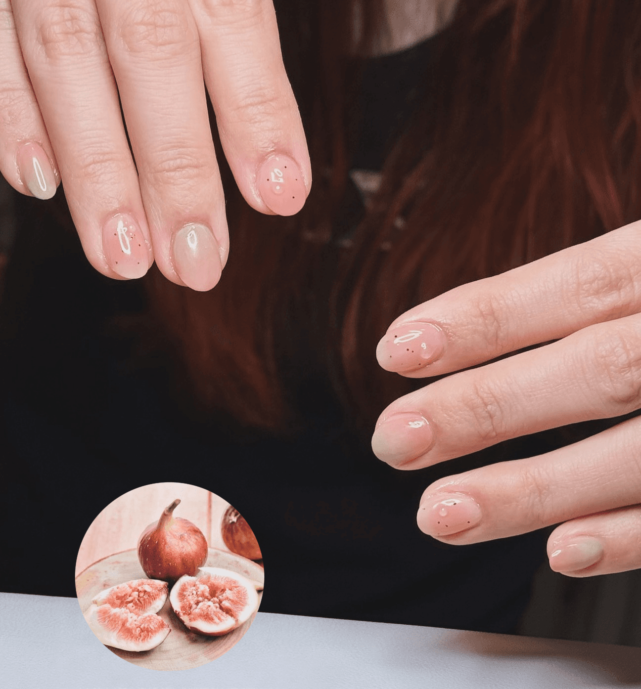 O3O Studio short pink manicure with soft green tips and delicate speckles