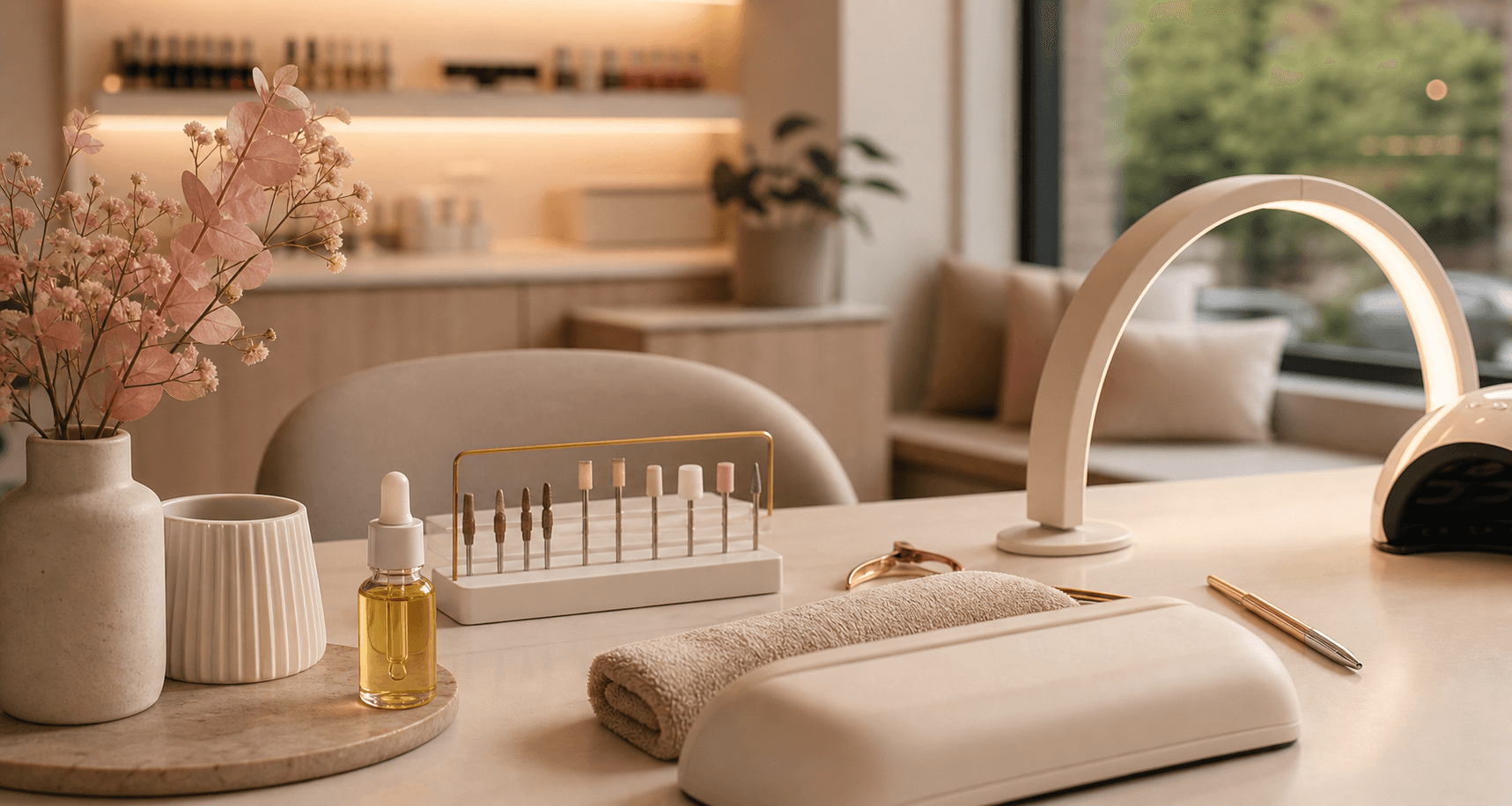 Warm private nail studio table with tidy manicure tools